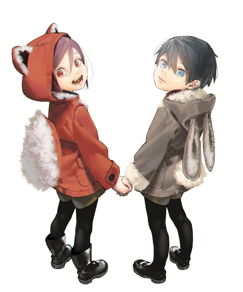 :d animal_ears animal_hood anklet back bangs black_footwear black_hair black_legwear blue_eyes blue_hair boots bunny_ears bunny_hood child closed_mouth fake_tail fangs fox_ears fox_hood fox_tail free! from_behind full_body fur-trimmed_jacket fur_trim hair_between_eyes hana_bell_forest highres holding_hands hood hooded_jacket jacket jewelry legs_apart long_sleeves looking_at_viewer looking_back male_focus matsuoka_rin multiple_boys nanase_haruka_(free!) open_mouth pantyhose pantyhose_under_shorts pocket purple_hair red_eyes red_hair shoes shorts simple_background smile standing tail white_background younger