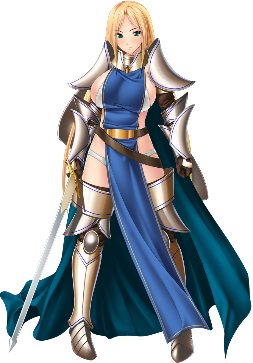 1girl armor belt belt_buckle bishoujo-darake_yume_no_bouken_seikatsu! blonde_hair blue_clothes blush breasts buckle cape cherry_kiss eyebrows_visible_through_hair eyes_visible_through_hair facing_viewer game_cg gauntlets green_eyes highres huge_breasts large_breasts long_hair mahjong_strip_solitaire miel_(company) pigeon-toed serious sideboob sonia_yuditto standing sword transparent_background underwear weapon