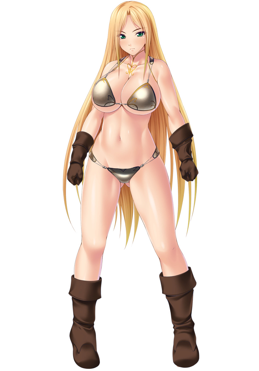 1girl arms_at_sides bare_arms bare_legs bishoujo-darake_yume_no_bouken_seikatsu! blonde_hair blush boots breasts brown_clothes cherry_kiss eyebrows_visible_through_hair eyes_visible_through_hair facing_viewer fist game_cg gloves green_eyes highres hips huge_breasts impossible_clothes knees large_breasts long_hair mahjong_strip_solitaire metal_bikini miel_(company) navel pigeon-toed serious sonia_yuditto standing string_bikini transparent_background