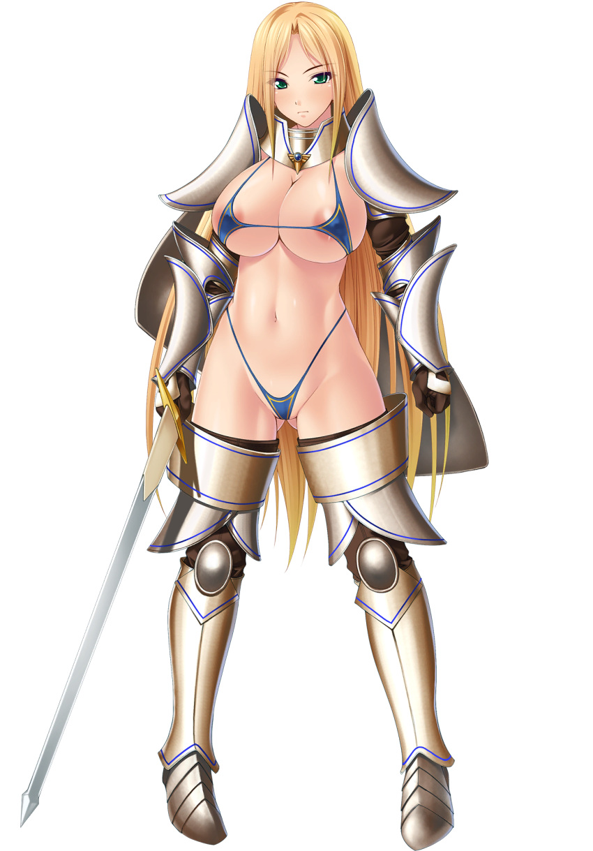 1girl areolae armor bishoujo-darake_yume_no_bouken_seikatsu! blonde_hair blue_clothes blush breasts cherry_kiss eyebrows_visible_through_hair eyes_visible_through_hair facing_viewer game_cg gauntlets green_eyes highres huge_breasts large_breasts long_hair mahjong_strip_solitaire miel_(company) navel pigeon-toed serious sonia_yuditto standing string_bikini sword transparent_background weapon