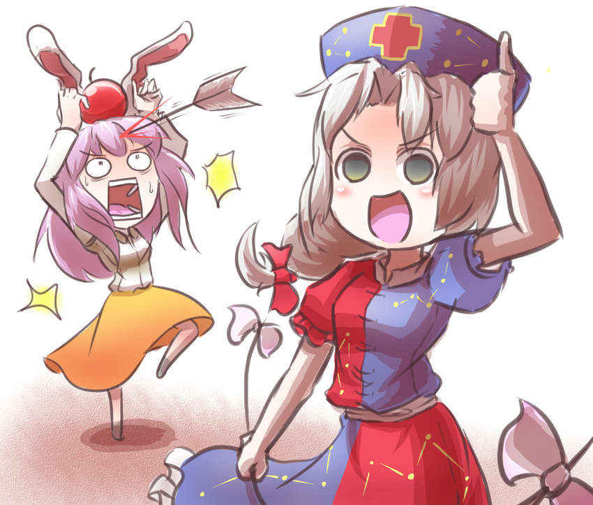 apple apple_on_head arrow arrow_in_head blood bow crazy_smile food fruit headshot highres horror_(expression) looking_at_viewer open_mouth panicking peroponesosu. reisen_udongein_inaba screaming smile square_mouth thumbs_up touhou v-shaped_eyebrows white_background yagokoro_eirin