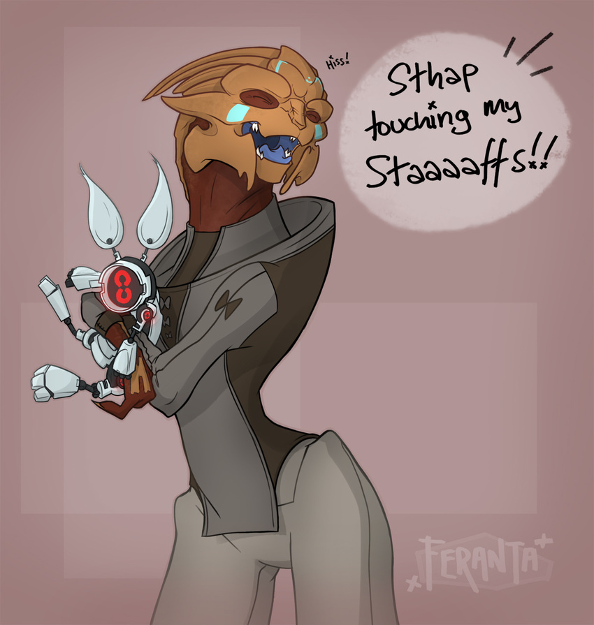 2015 3_fingers alien angry blue_tongue brown_body clothed clothing cute dialogue digital_drawing_(artwork) digital_media_(artwork) english_text eyes_closed fan_character feranta grey_clothing hissing humanoid lagomorph machine male mammal mass_effect mr._twinkles open_mouth pink_background rabbit robot signature simple_background text toony turian video_games
