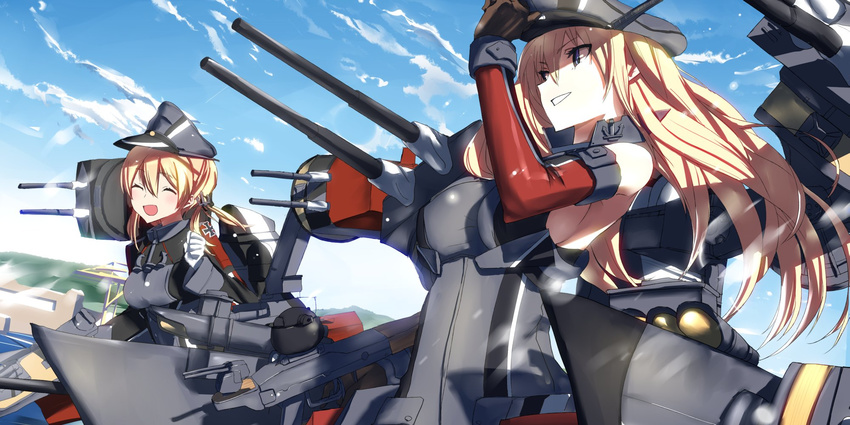 :d bismarck_(kantai_collection) blonde_hair breasts cannon closed_eyes cloud cloudy_sky commentary_request day elbow_gloves gloves grin hat highres kantai_collection large_breasts long_hair machinery multiple_girls open_mouth outdoors peaked_cap prinz_eugen_(kantai_collection) sideboob sky smile tsuuhan turret