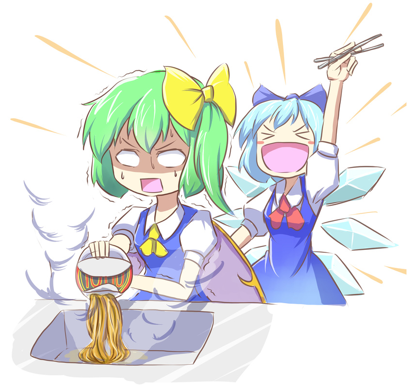 chopsticks cirno daiyousei excited highres instant_ramen open_mouth peroponesosu. pouring shaded_face sink smile square_mouth steam touhou v-shaped_eyebrows white_background worried