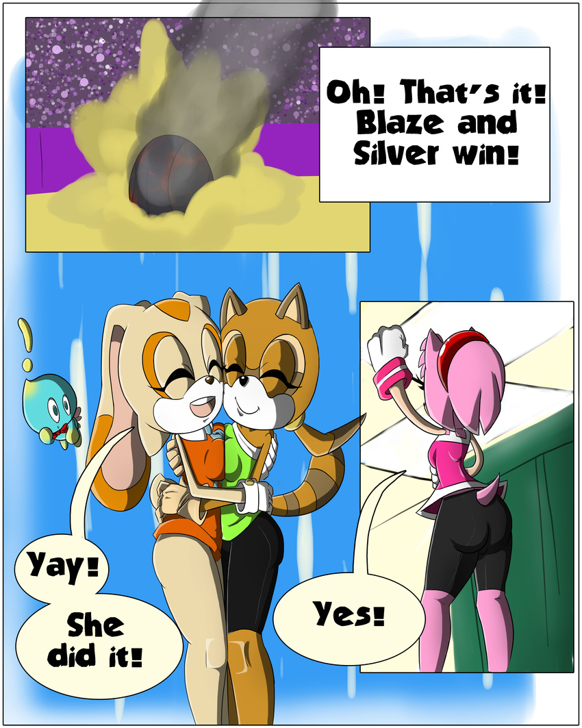 amy_rose cheese_the_chao clothing comic cream_the_rabbit dialogue female gloves green_eyes hedgehog lagomorph mammal marine_the_raccoon rabbit raccoon sandunky sonic_(series) sport text video_games volleyball