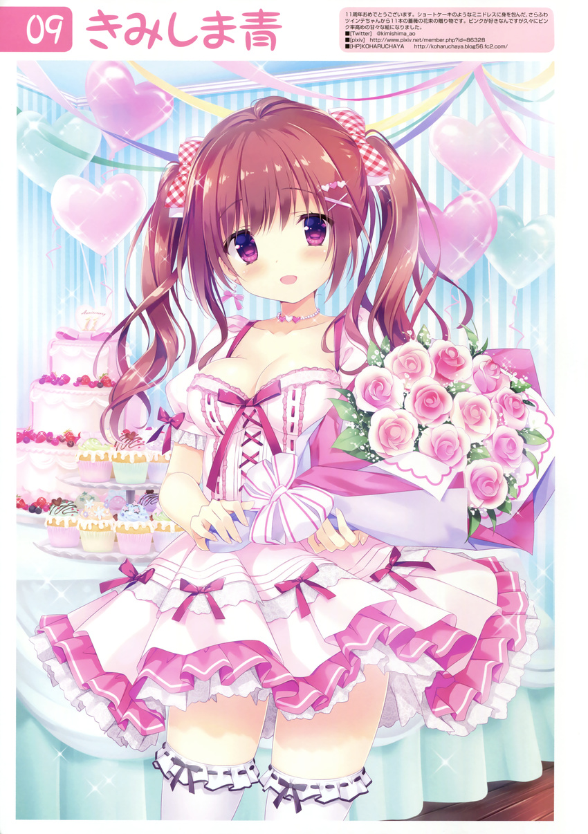 absurdres black_ribbon bouquet breasts brown_hair cake cleavage collarbone dress eyebrows flower food hair_ribbon heart highres holding holding_bouquet jewelry kimishima_ao lace lace-trimmed_thighhighs long_hair medium_breasts necklace open_mouth original purple_eyes ribbon solo thighhighs twintails white_legwear