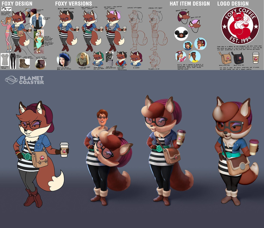 anthro beverage canine clothed clothing coffee eyewear fangs female fox foxy_(planet_coaster) glasses hat hi_res human mammal mascot_suit model_sheet official_art planet_coaster purse solo unknown_artist video_games