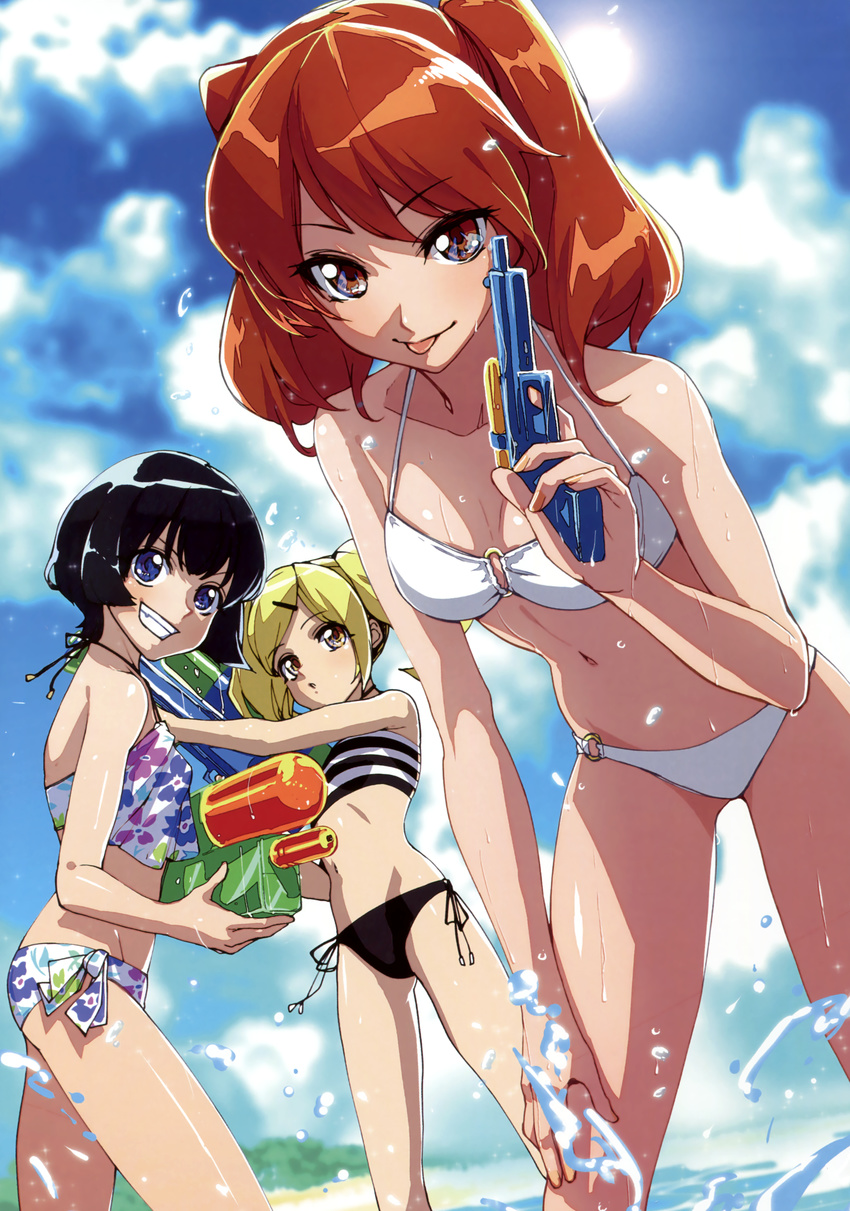 absurdres banned_artist beach bikini black_bikini black_eyes black_hair blonde_hair blue_eyes breasts brown_hair cleavage cloud cloudy_sky day grin gun hair_ornament hairclip hand_on_lap highres holding holding_gun holding_weapon leaning_forward long_hair looking_at_viewer medium_breasts multiple_girls navel o-ring o-ring_bikini official_art outdoors rasen_no_emperoider s_tanly shiny shiny_skin side-tie_bikini sky smile striped striped_bikini swimsuit tongue tongue_out twintails water_gun weapon white_bikini