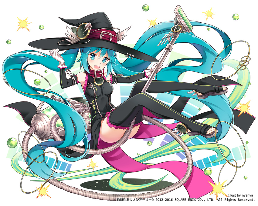 aqua_eyes aqua_hair artist_name commentary_request detached_sleeves full_body gloves hat hatsune_miku kai-ri-sei_million_arthur long_hair looking_at_viewer million_arthur_(series) nyanya open_mouth solo star thighhighs toeless_legwear twintails vacuum_cleaner very_long_hair vocaloid white_background witch_hat
