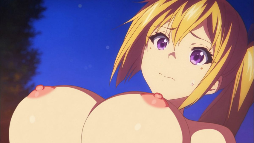 1girl areolae blonde_hair blue_sky blush breasts embarrassed female highres kawakami_mai large_breasts long_hair looking_at_viewer mole_under_eye musaigen_no_phantom_world nipples nude_filter photoshop purple_eyes side_ponytail sky solo topless underboob upper_body