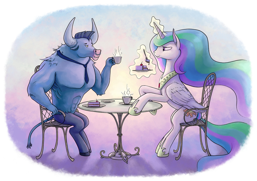 2015 bovine cake chair cup cutie_mark dahtamnay duo equine facial_piercing feathered_wings feathers female feral food friendship_is_magic fur grey_fur grey_hair hair horn iron_will_(mlp) jewelry magic male mammal minotaur multicolored_hair my_little_pony necklace nose_piercing nose_ring piercing princess_celestia_(mlp) septum_piercing sitting table white_feathers white_fur winged_unicorn wings