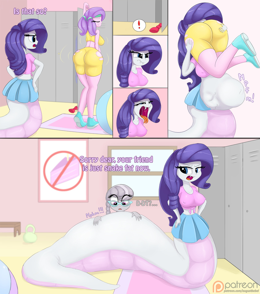 augustbebel belly big_belly big_breasts big_butt blue_eyes breasts butt clothing diamond_tiara_(eg) english_text equestria_girls eyewear female friendship_is_magic glasses grey_hair group hair huge_butt human humanoid lamia long_hair mammal monster_girl_(genre) multicolored_hair my_little_pony navel obese open_mouth overweight purple_eyes raranaga_(eg) rarity_(eg) reptile scalie silver_spoon_(eg) snake text thick_thighs tongue tongue_out two_tone_hair vore wide_hips young