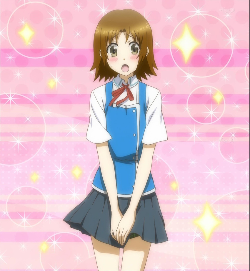 1boy blush brown_hair d-frag! open_mouth ribbon sakuragaoka school_uniform screencap serafuku short_hair skirt stitched thigh_gap trap