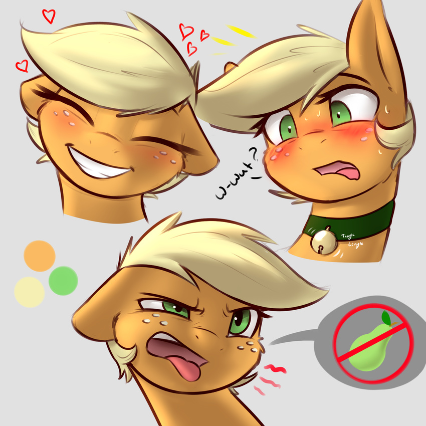 &lt;3 applejack_(mlp) bell blonde_hair blush captainpudgemuffin equine eyebrows eyelashes eyes_closed female freckles friendship_is_magic green_eyes hair headshot jingle_bell mammal my_little_pony open_mouth orange_skin simple_background smile solo teeth tongue tongue_out white_background