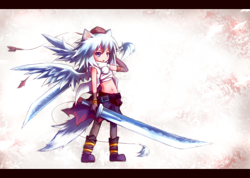 animal_ears ayakashi_(monkeypanch) bad_id bad_pixiv_id dual_wielding hat holding inubashiri_momiji letterboxed midriff navel red_eyes short_hair solo sword tail tokin_hat touhou weapon white_hair wings wolf_ears wolf_tail