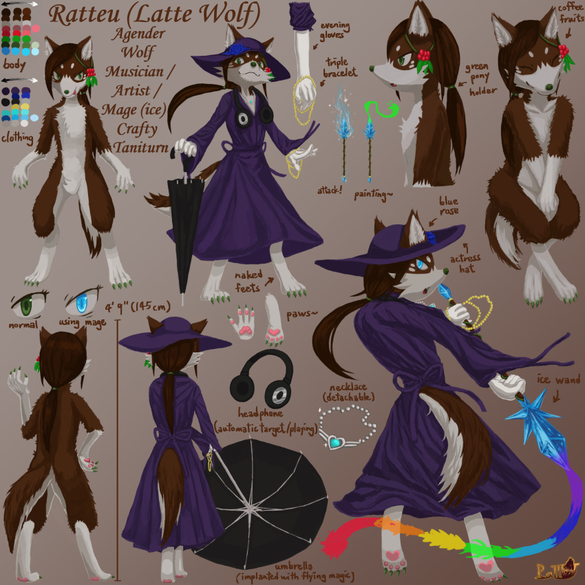 1:1 alpha_channel anthro bottomwear bracelet brown_body brown_fur canid canine canis claws clothing crossed_legs evening_gloves flower fur green_claws green_eyes green_nose hair hat headgear headphones headwear hi_res jewelry magic mammal model_sheet necklace nonbinary_(lore) nude pawpads paws plant ponytail purple_clothing ratteu ratteu_(character) rose_(flower) simple_background skirt smile solo umbrella wand wolf