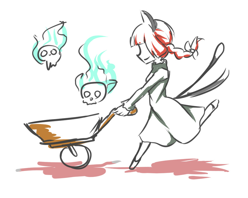 highres kaenbyou_rin looking_to_the_side multiple_tails peroponesosu. tail touhou two_tails walking wheelbarrow white_background zombie_fairy