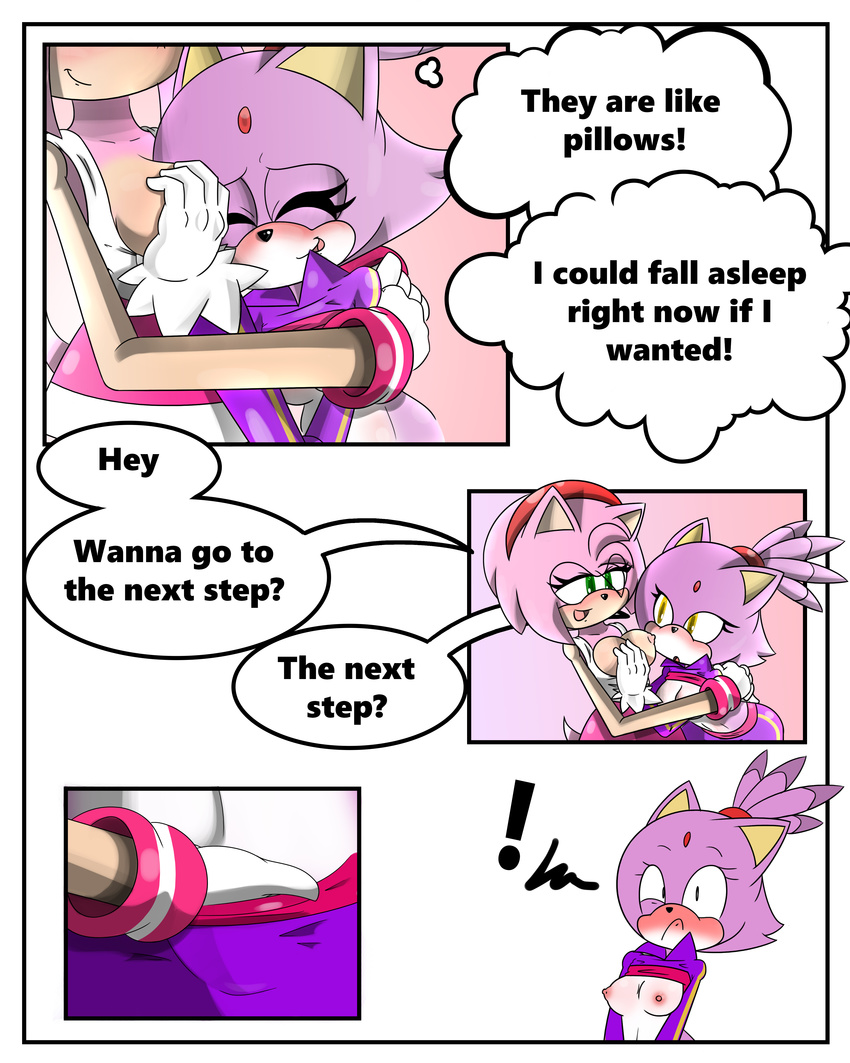 ! amy_rose anthro blaze_the_cat blush breast_grab breasts cat clothing comic dialogue english_text feline female female/female fur gloves green_eyes hair hand_on_breast hedgehog mammal navel nipples pink_fur pink_hair purple_fur raised_shirt sandunky simple_background sonic_(series) tagme text white_background yellow_eyes