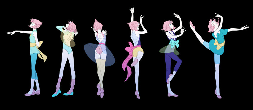absurdres alternate_costume ass backless_outfit bad_id bad_twitter_id ballet ballet_slippers black_background bow bowtie chuong closed_eyes dancing forehead_jewel highres leg_up leotard multiple_persona multiple_views pale_skin pearl_(steven_universe) pink_hair pose ribbon sash see-through simple_background skirt sleeveless socks steven_universe thighhighs tiptoes transparent_skirt