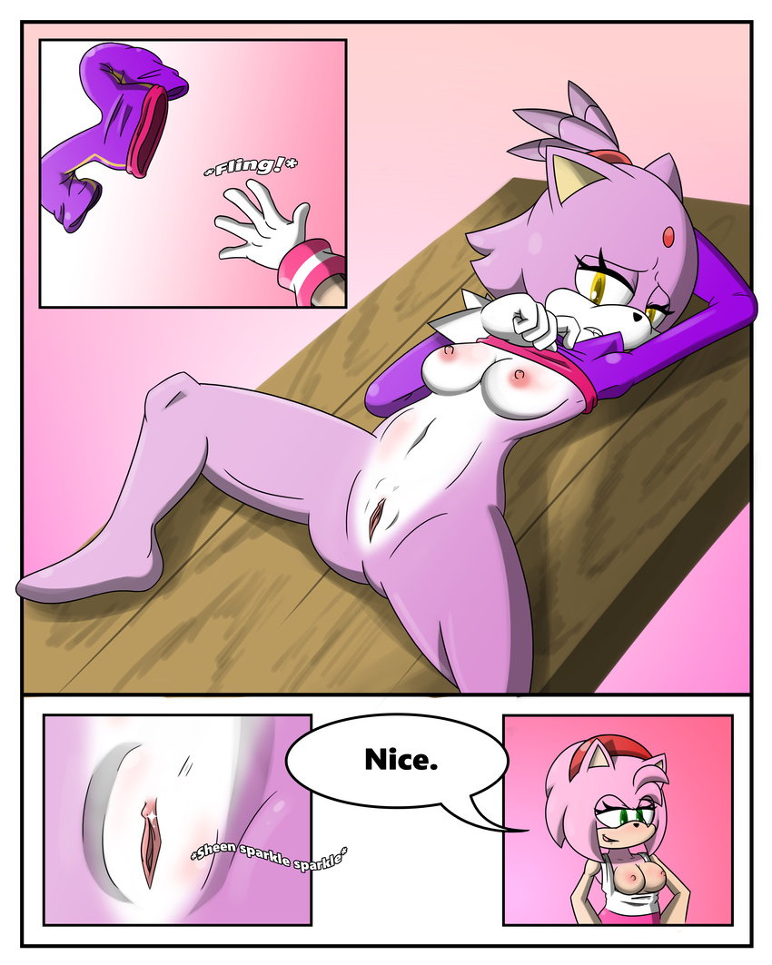 amy_rose anthro blaze_the_cat bottomless breasts cat clothed clothing comic dialogue english_text feline female female/female fur green_eyes hair hedgehog mammal navel nipples pink_fur pink_hair purple_fur pussy raised_shirt sandunky sonic_(series) spread_legs spreading text yellow_eyes
