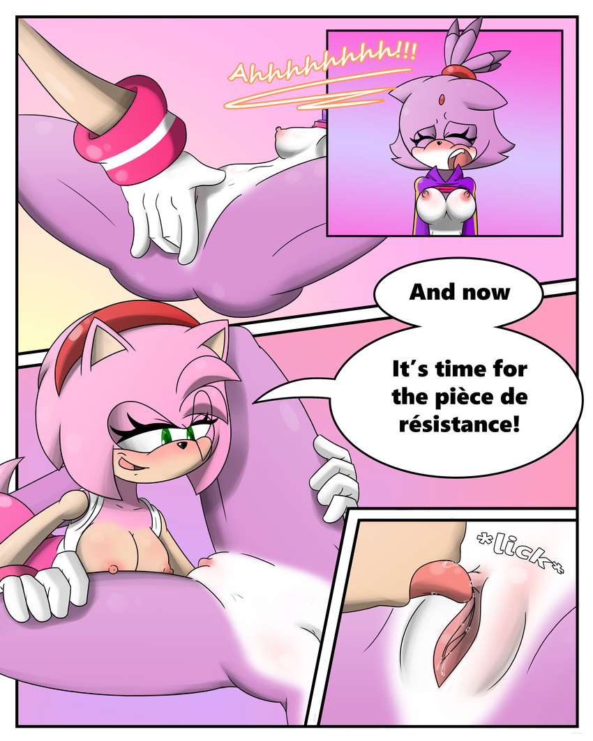 amy_rose anthro blaze_the_cat blush bottomless breasts cat clitoris clothed clothing comic cunnilingus dialogue english_text feline female female/female fingering fur green_eyes hair hedgehog mammal navel nipples oral pink_fur pink_hair purple_fur pussy pussy_juice raised_shirt saliva sandunky sex sonic_(series) text vaginal vaginal_fingering