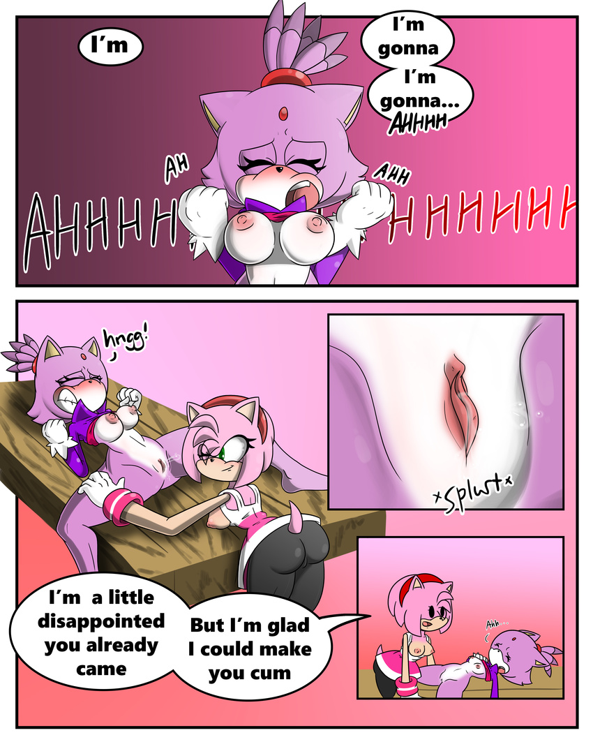 amy_rose anthro blaze_the_cat blush bottomless breasts cat clothed clothing comic dialogue duo ejaculation english_text feline female female/female fur green_eyes hair hedgehog mammal navel nipples orgasm pink_fur pink_hair purple_fur pussy pussy_ejaculation pussy_juice raised_shirt sandunky sex sonic_(series) text