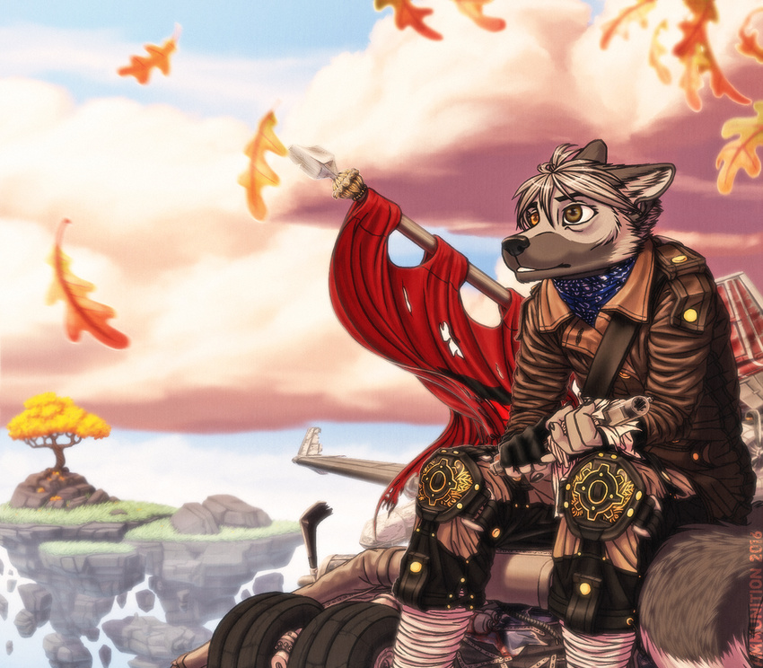 2016 aircraft airplane anthro autumn banner biped black_nose canine clothed clothing cloud coat colored day detailed_background digital_media_(artwork) fighterjet folf fox gloves gun hair handgun heterochromia holding_object holding_weapon hybrid jacket jet leaves machine male mammal markings melee_weapon outside pants pistol plant polearm ranged_weapon ruins shaded sitting sky solo spear tree weapon wings wolf wreckage