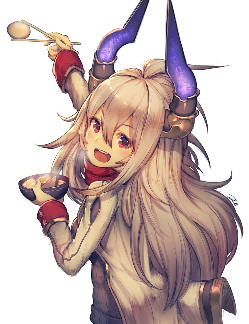 :d bangs blush breasts chopsticks daikon draph egg food from_behind granblue_fantasy grey_hair grey_sweater hair_between_eyes hardboiled_egg highres horns jacket konnyaku_(food) kotoribako long_hair long_sleeves looking_at_viewer looking_back medium_breasts oden open_mouth outstretched_arm red_eyes red_scarf ribbed_sweater scarf signature simple_background smile solo steam sweater thalatha_(granblue_fantasy) upper_body white_background