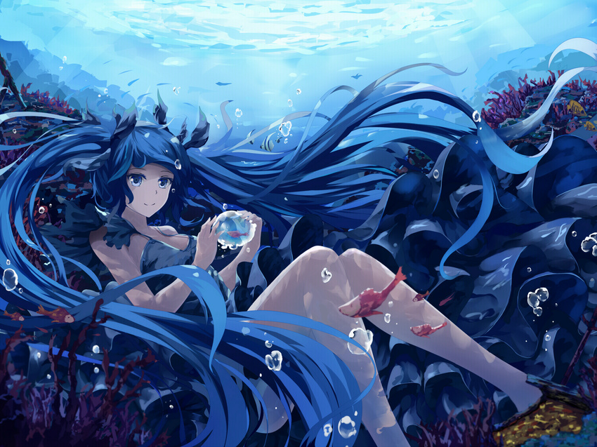 bare_arms bare_legs bare_shoulders barefoot blue_dress blue_eyes blue_hair blue_ribbon breasts bubble dress fish hair_ribbon hatsune_miku layered_dress long_hair looking_at_viewer ribbon shinkai_shoujo_(vocaloid) sitting small_breasts smile solo twintails underwater very_long_hair vocaloid white_crow