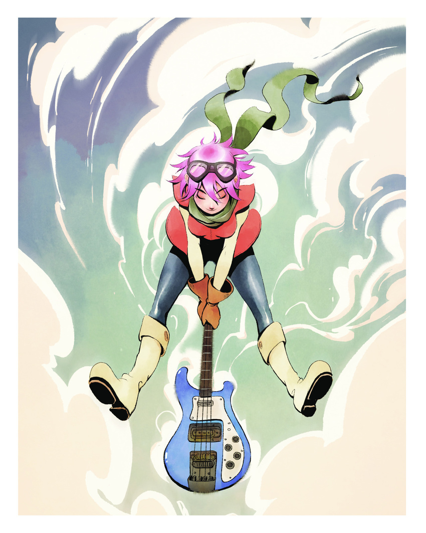 1girl blur boots closed_eyes electric_guitar flcl full_body gloves goggles goggles_on_head green_scarf guitar haruhara_haruko highres instrument jisoo_kim orange_gloves pink_hair scarf short_hair smile solo white_border yellow_boots