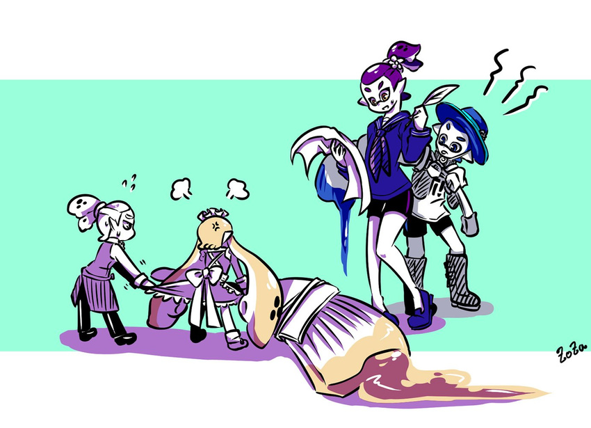 3boys :p angry apron artist_name beauty_(zoza) blue_eyes blue_hair boots brown_eyes butler clothes_grab cookie_(zoza) domino_mask donut_(zoza) dress dress_grab flower flying_sweatdrops fume girly_boy hat hat_flower inkbrush_(splatoon) inkling layered_clothing lollipop_(zoza) long_hair long_sleeves maid maid_headdress mask multiple_boys neckerchief octobrush_(splatoon) pants pointy_ears purple_hair quill sailor_collar scrunchie shirt shoes short_hair short_over_long_sleeves short_sleeves signature single_vertical_stripe splatoon_(series) splatoon_1 standing sweatdrop t-shirt tentacle_hair tongue tongue_out white_hair zoza