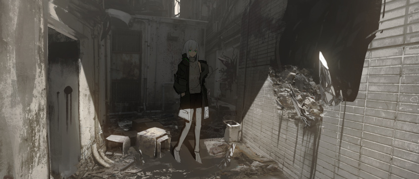 1girl absurdres alley asuteroid blood blood_splatter bloody_clothes brick_wall commentary dark door green_eyes hands_in_pockets highres huge_filesize iz_(asuteroid) long_hair looking_at_viewer muted_color original post-apocalypse shade sketch sleeveless sleeveless_turtleneck solo turtleneck