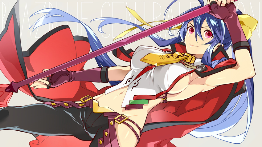 &gt;:) antenna_hair armpits backless_outfit bangs bare_shoulders black_pants blazblue blazblue:_central_fiction blue_hair bow breasts cape cowboy_shot dutch_angle fingerless_gloves genderswap genderswap_(mtf) gloves hair_between_eyes hair_bow halter_top halterneck highres holding holding_weapon large_breasts long_hair lowleg lowleg_pants mai_natsume midriff navel no_bra no_panties official_art outseal pants polearm ponytail purple_eyes red_cape red_gloves revealing_clothes ribbon sideboob sidelocks smile solo spear standing sumeshi_(ambivalince) thighs v-shaped_eyebrows very_long_hair weapon yellow_bow