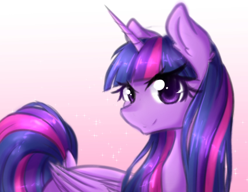 2016 dock equine eyelashes feathered_wings feathers female feral fluffymaiden friendship_is_magic gradient_background hair horn long_hair looking_at_viewer mammal multicolored_hair multicolored_tail my_little_pony purple_eyes purple_feathers simple_background smile solo twilight_sparkle_(mlp) winged_unicorn wings