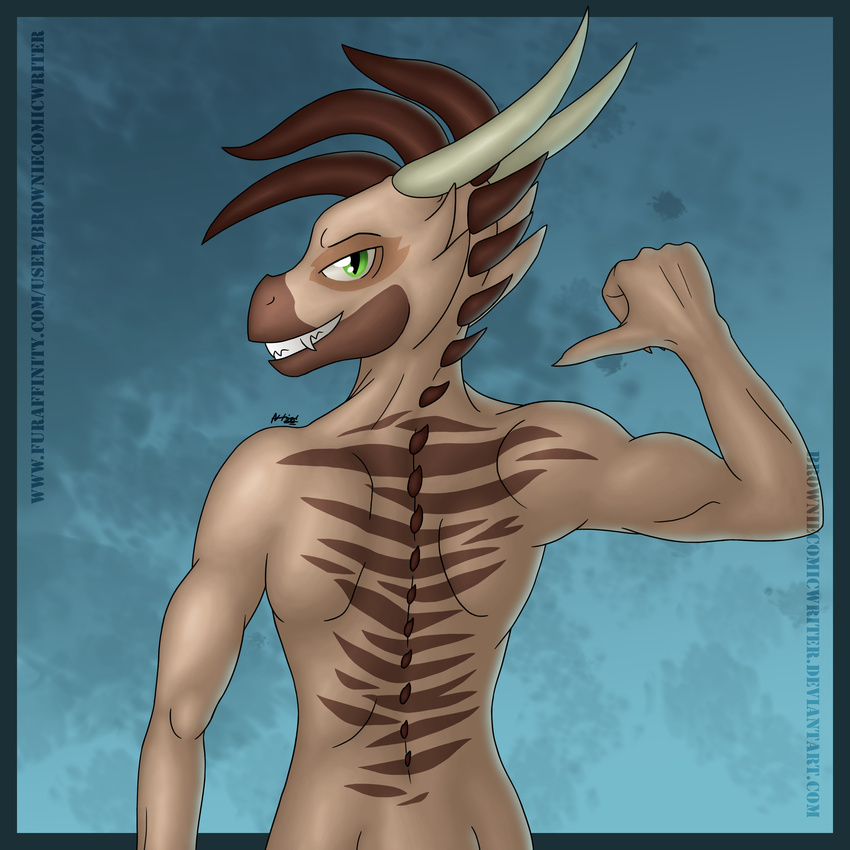 2016 5_fingers abstract_background anthro blue_background brown_body brown_hair brown_markings brown_scales browniecomicwriter dragon green_eyes hair horn k'riestoef looking_at_viewer male markings muscular muscular_male nude scales sharp_teeth signature simple_background smile solo stripes teeth watermark