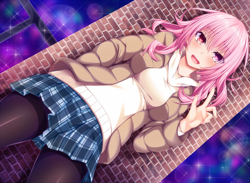 :d black_legwear blush breasts brick_wall dutch_angle eyebrows eyebrows_visible_through_hair heart heart-shaped_pupils heterochromia jacket looking_at_viewer medium_breasts mirei-san_(suterii) open_mouth original pantyhose pink_eyes pink_hair plaid plaid_skirt red_eyes short_hair skirt smile solo sparkle suterii symbol-shaped_pupils