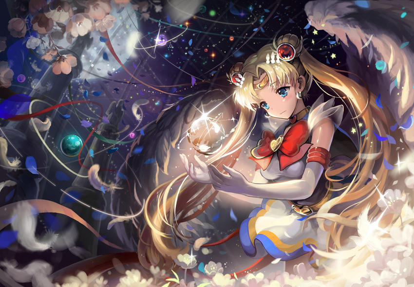 angel_wings bishoujo_senshi_sailor_moon blonde_hair blue_eyes blue_sailor_collar bow circlet double_bun earrings elbow_gloves feathered_wings floating floating_object flower full_moon gloves hair_ornament hairclip heart jewelry long_hair moon multicolored multicolored_clothes multicolored_skirt night red_bow red_ribbon ribbon sailor_collar sailor_moon sailor_senshi_uniform saya_(mychristian2) skirt solo super_sailor_moon tsukino_usagi twintails very_long_hair white_wings window wings