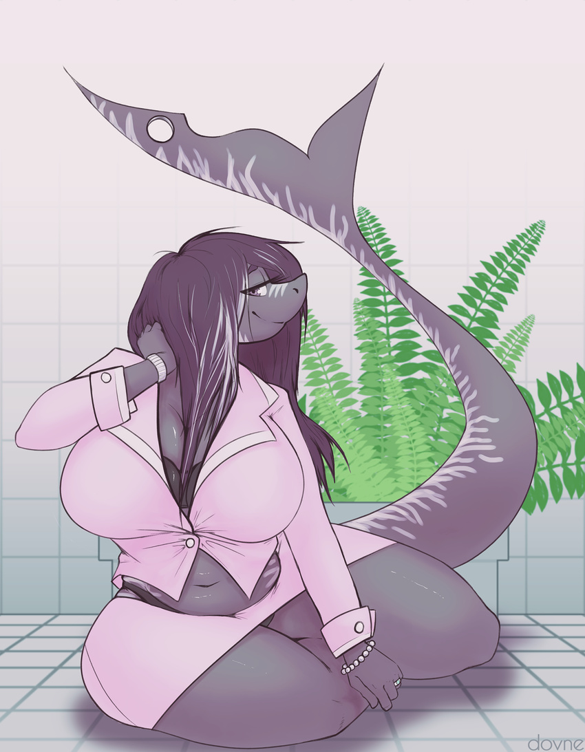 2016 anthro big_breasts black_hair bra bracelet breasts clothed clothing dovne evashark female fish hair huge_breasts jewelry looking_at_viewer marine panties ring shark sitting skirt smile solo suit thick_thighs underwear wide_hips