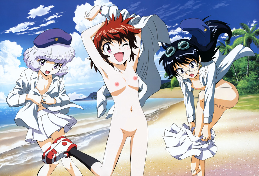 akashi_kaoru armpits arms_up cloud glasses navel nipples nogami_aoi nude nude_filter one_eye_closed open_mouth palm_tree photoshop purple_eyes pussy sannomiya_shiho sky toes tree uncensored undressing zettai_karen_children