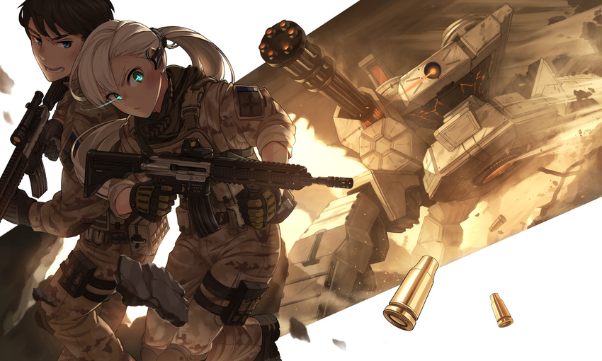 1girl action assault_rifle belt belt_pouch blonde_hair blue_eyes boots brown_hair camouflage casing_ejection closed_mouth desert_pattern dutch_angle earpiece eotech gatling_gun gloves glowing glowing_eyes gun heckler_&amp;_koch hk416 knee_pads load_bearing_vest long_hair mecha military military_uniform open_mouth original ponytail pouch projected_inset rifle rubble scope serious shell_casing short_hair sin_gun_woo sleeves_rolled_up thigh_strap uniform walker weapon white_background