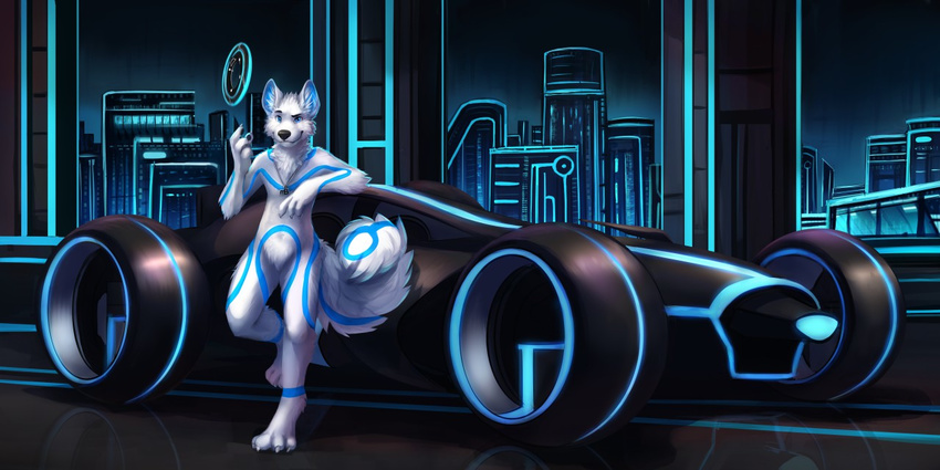 akita akita_inu anthro black_nose blue_eyes canine casual_nudity claws detailed_background dog fluffy fluffy_tail fur looking_at_viewer male mammal mblade nude paws pose solo standing thanshuhai toe_claws toes tron vehicle white_fur
