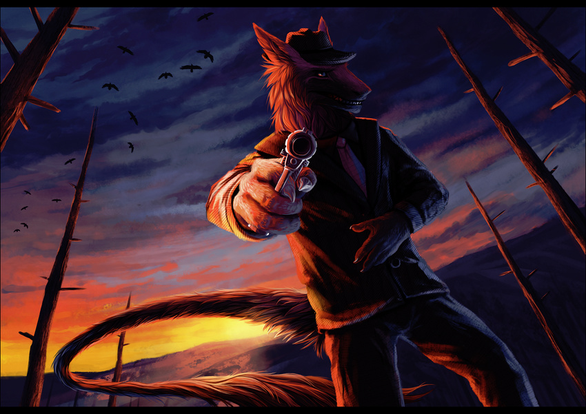 anthro avian bird black_fur clothing cloud detailed_background dusk fur gun hat looking_at_viewer lootz male necktie oneminutesketch outside pants purple_fur ranged_weapon sergal solo suit tree weapon