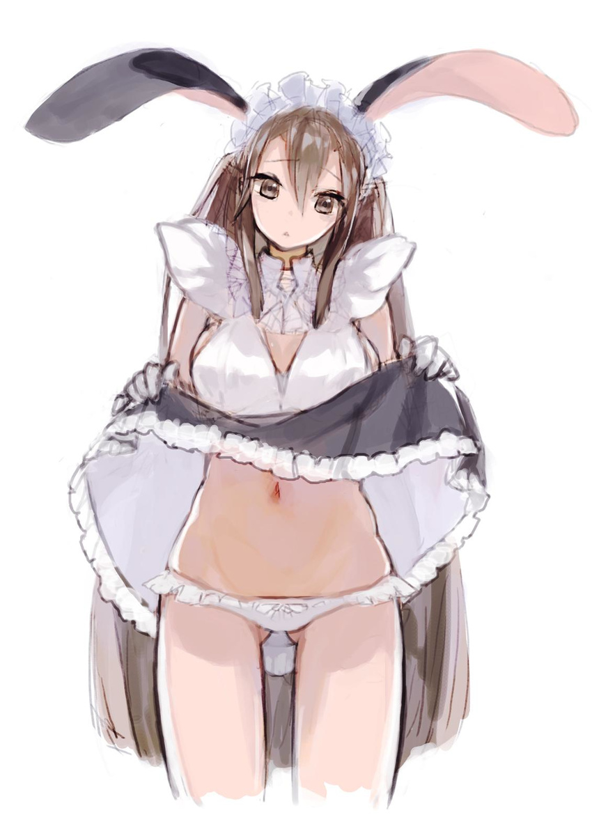 :&lt; animal_ears ass_visible_through_thighs bow bow_panties brown_eyes brown_hair bunny_ears commentary_request dress dress_lift gloves hair_between_eyes highres long_hair looking_at_viewer maid_headdress navel panties panties_day shigi_0 simple_background solo underwear white_background white_panties