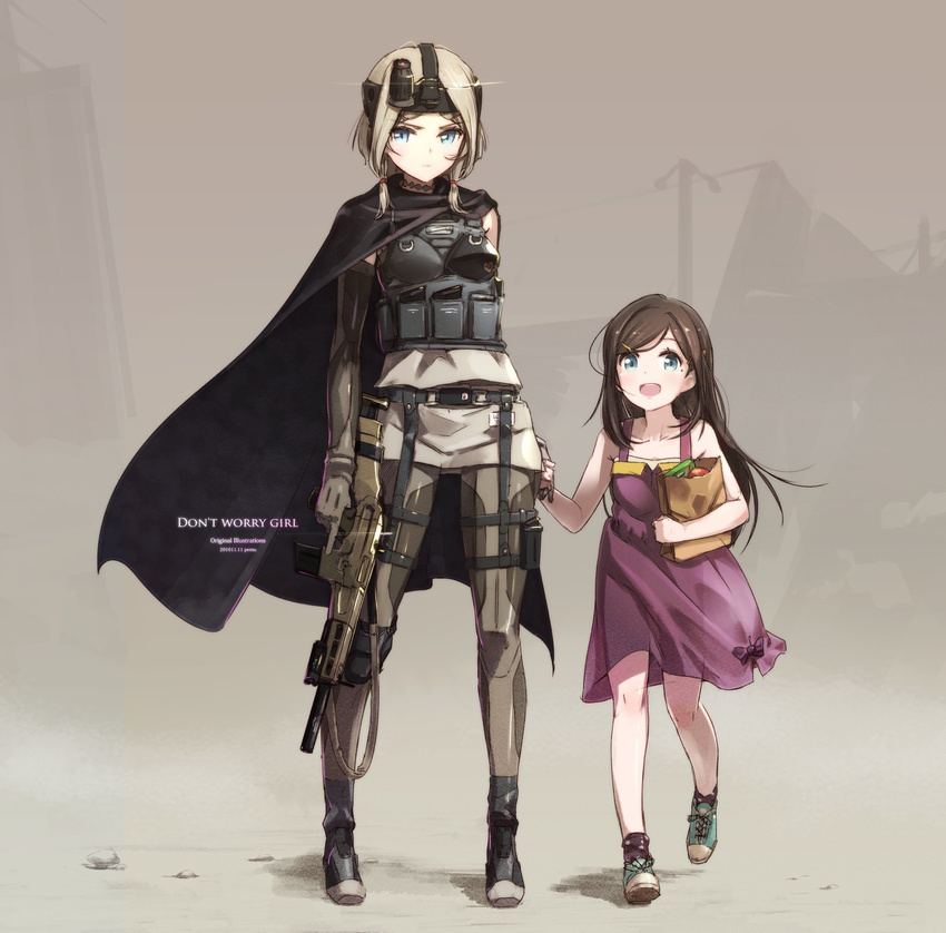 2girls age_difference artist_name assault_rifle bag bangs belt blonde_hair blue_eyes boots bow brown_background brown_hair cape child choker collarbone dated dress elbow_gloves eyebrows eyebrows_visible_through_hair full_body gloves gun hair_ornament hairclip heart height_difference highres holding_hands knee_pads load_bearing_vest long_hair looking_at_viewer military military_uniform mole mole_under_eye multiple_girls night_vision_device open_mouth original paper_bag pemu pouch purple_dress rifle ruins shoes short_hair sneakers standing swept_bangs text_focus thigh_strap tied_hair uniform weapon