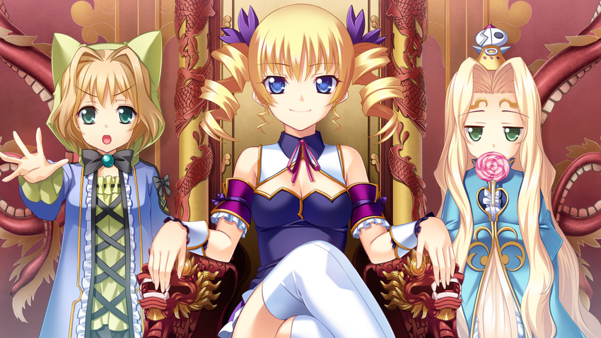 animal_ears aqua_clothes armband bangs bare_shoulders blonde_hair blue_eyes bow bowtie breasts candy chair cleavage collar covering_mouth crossed_legs dragon_print eyebrows eyebrows_visible_through_hair facial_mark fake_animal_ears food forehead forehead_mark game_cg green_eyes hair_ornament jitome jun'iku kantaka koihime_enbu koihime_musou lollipop long_hair looking_at_viewer multiple_girls non-web_source open_mouth outstretched_hand pearl ribbon sharp_teeth short_hair sitting small_breasts smile sousou standing teeth teiiku thighhighs very_long_hair white_legwear wrist_cuffs