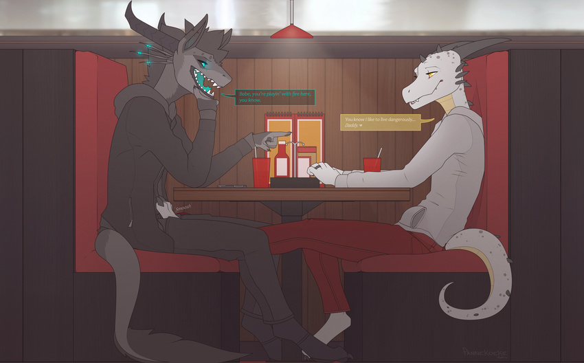 2016 anthro beverage blue_eyes blue_tongue clothed clothing digital_media_(artwork) dragon duo english_text exhibitionism feet foot_fetish footjob glowing glowing_eyes hoodie horn hybrid invalid_tag male male/male multicolored_scales open_mouth pannekoeke pants public restauraunt scales scalie speech_bubble terry_james text toichi white_scales