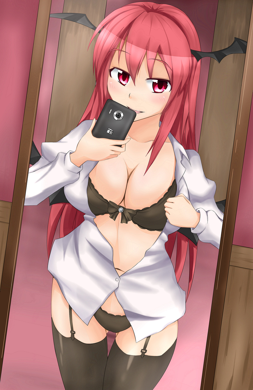 absurdres black_bra blush bra breasts cellphone cleavage garter_straps head_wings highres koakuma large_breasts long_hair masegohan mirror no_pants open_clothes open_shirt phone red_eyes red_hair self_shot shirt smartphone smile solo thighhighs touhou underwear