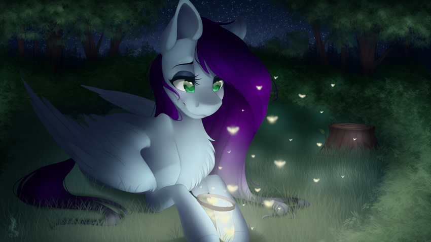 equine eyelashes fan_character female feral forest fur grass green_eyes hair hooves mammal my_little_pony night nude outside pegasus purple_hair silentwulv sky smile solo star starry_sky tree tree_stump white_fur wings