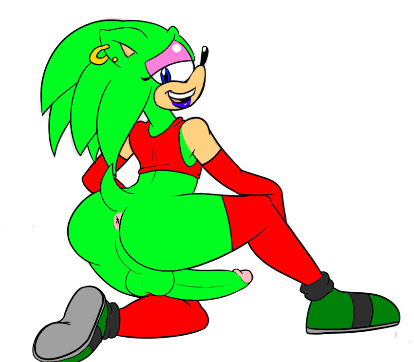 anthro anus balls blue_eyes butt daredemon7000 ear_piercing erection girly green_hair hair hedgehog inviting looking_at_viewer looking_back male mammal penis piercing scourge_the_hedgehog seductive smile sonic_(series) video_games