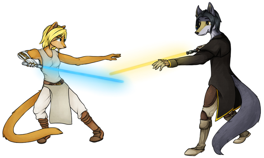 armor beads belt black_hair blonde_hair blue_eyes boots breasts canine cat chuchuana clothing coat cougar cybernetic_arm feline footwear fur gloves grey_fur hair invalid_tag kanj'isha lightsaber longcoat mammal melee_weapon pose prosthetic robes science_fiction smile sparring star_wars trianii weapon wolf yellow_eyes yellow_fur